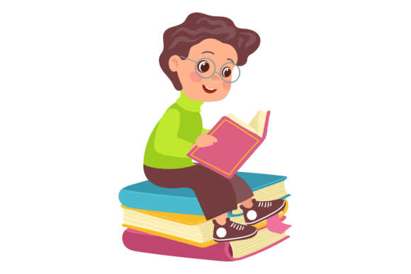 Boy Sits on Stack of Books and Reads: Yo