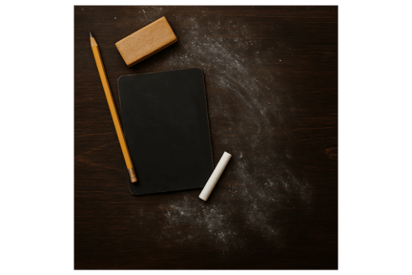Dark Wooden Desk with Chalk Dust and Classic Writing Tools: A Timeless Workspace Concept
