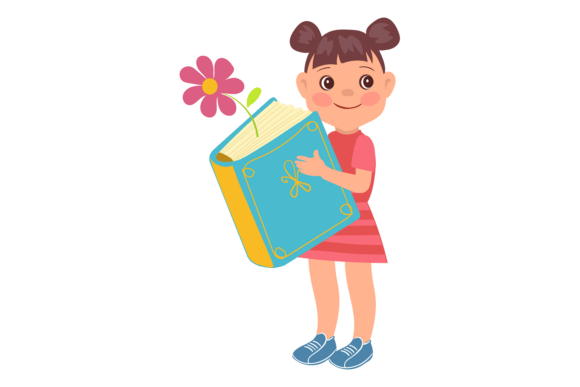 Girl Holds Large Book with Flower Bookmark: A Visual Storytelling Tool